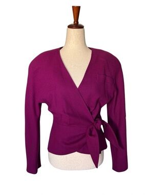 Vintage 80s Fuchsia Wool Wrap Front Women's Blazer Jacket Huge Shoulders YSL NWT